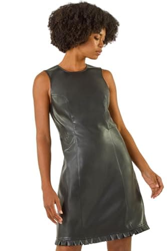 Image of Roman Originals Faux Leather Pleated Hem Dress for Women UK - Ladies Everyday Autumn Winter Round Neckline Comfy Soft Evening Vacation Work Party Night Out - Black - Size 18
