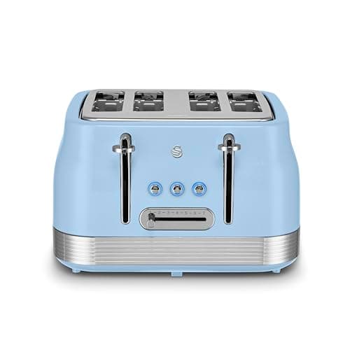 Image of Swan ST19029BLU Retro 4 Slice Toaster, 7 Browning Levels, Removable Crumb Trays, Defrost, Reheat and Cancel Functions, Hidden Cord Storage, Non-Slip Feet, 1860W, Blue and Stainless Steel