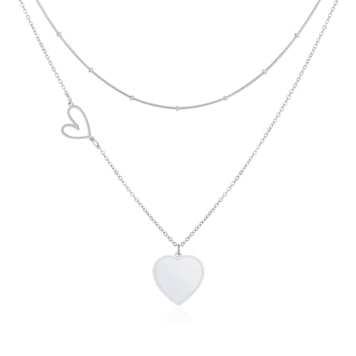 Image of Linawe Silver Layered Necklaces, White Heart Choker Chunky Pendant Necklace for Women Trendy, Stainless Steel Stacked Necklaces, Y2K Preppy Double Heart Jewellery Lover Necklace