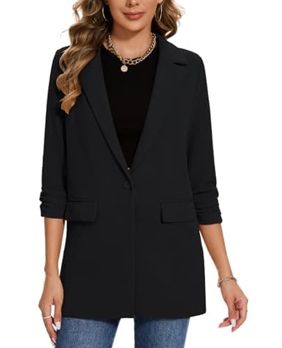 Image of MINTLIMIT Ladies Business Office Mid Long Blazer for Women Mid Length Jacket with Notch Lapel and 3/4 Ruched Sleeves (Black M)