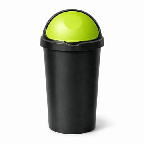 Image of SPECTRAPLAST® 60L Bullet Bin Large Capacity Indoor & Outdoor Waste Bin – Heavy Duty Plastic Rubbish Bin with Flip Lid – Tall Black Base Dustbin for Kitchen, Office & Garden (GREEN)