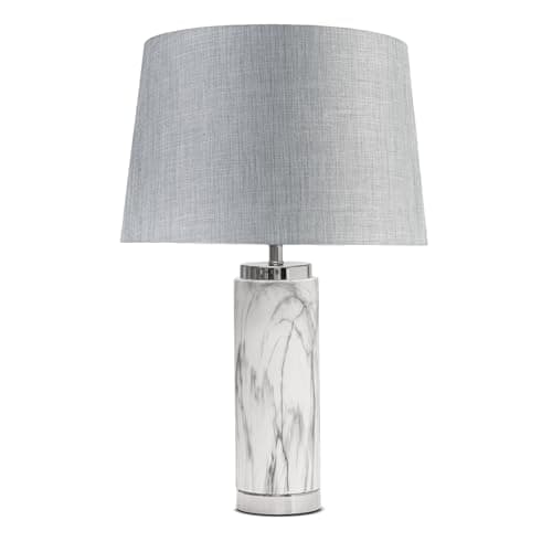 Image of Lighting Supermarket Grey Marble Effect Cylinder Table Lamp with Grey Linen Fabric Shade, Brushed Silver Metal Base, E27 Bulb Fitting, Modern Bedside & Living Room Lamp, 56cm Height