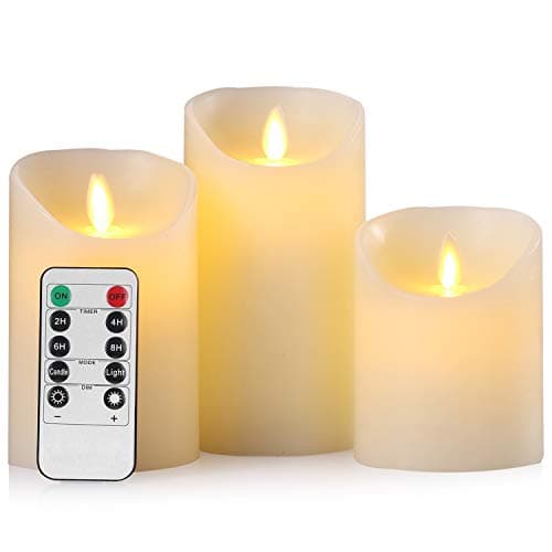 Image of Aku Tonpa Flameless Candles Battery Operated Pillar Real Wax Flickering Moving Wick Electric LED Candle Set with Remote Control Cycling 24 Hours Timer, Pack of 3 (D:7.5cm X H:10, 12.5, 15cm)