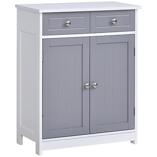 Image of kleankin 75x60cm Freestanding Bathroom Storage Cabinet Unit w/ 2 Drawers Cupboard Adjustable Shelf Metal Handles Traditional Style Grey White