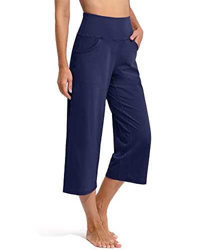 Image of Promover Womens Capris Yoga Pants Summer Ladies 3/4 Trousers for Women UK Cropped Straight Wide Leg Trousers Women Stretch Work Trousers with Pockets