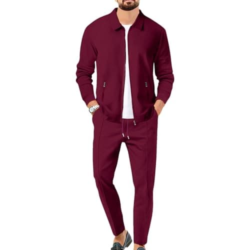 Image of aromm Men's Waffle Tracksuits Zip up Jacket Top & Jogging Trouser 2pcs Sweatsuit Set Burgundy for Casual Sport Workout Business, L