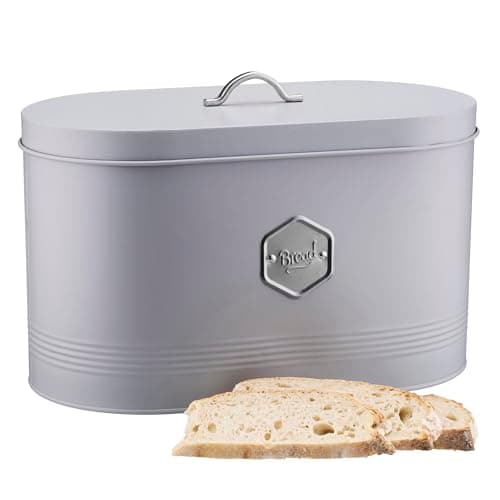 Image of Cooks Professional Bread Bin | Modern Stylish Kitchen Countertop Labelled Metal Storage Canister | Breathable Container Box for Loaves, Pastries, Rolls | Grey & Silver