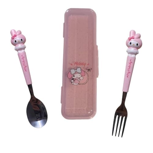 Image of hombäde Stainless Steel Cutlery Tableware Flatware Silverware 3 Piece Set Portable Reusable Travel Cute Kawaii Anime Cartoon Dog Bunny for Boys and Girls (Pink Melody)