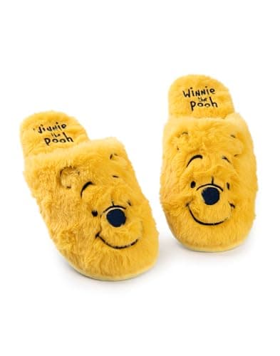 Image of Winnie the Pooh Womens Slippers | Ladies Teddy Bear Indoor Fur Mules in Yellow | Embroidered Character Face Slip On House Shoes for Adults and Teens | Childrens Story Book Animation Merchandise Gift
