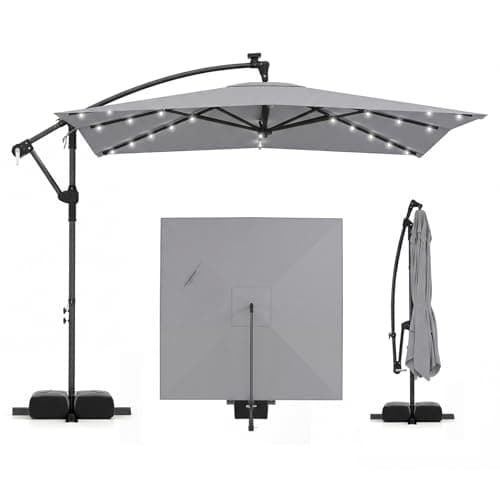 Image of COSTWAY 2.5M/3M Cantilever Garden Parasol, Square Offset Banana Umbrella with 360° Rotation, Crank Handle & Base, 8-Rib Outdoor Hanging Sun Shade Canopy (2.5M, Grey-with Lights & Sandbags)