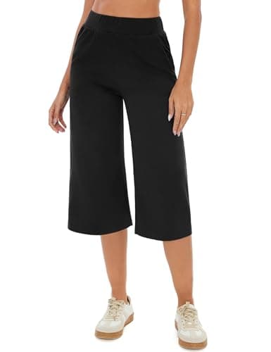 Image of Crewhpo Women's Capri Sweatpants 3/4 Length Joggers Summer Cropped Trousers Straight Wide Leg Jogging Bottoms Lounge Pants Black