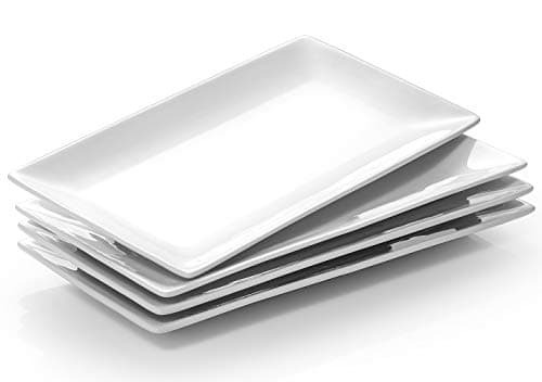 Image of DOWAN Serving Platter – 12" x 6" Ceramic Rectangular Plates – Set of 4 Oblong Porcelain Dishes for Sushi, Appetisers, Party Food, Steak, Cake, Dessert – Dishwasher Safe - Soft White