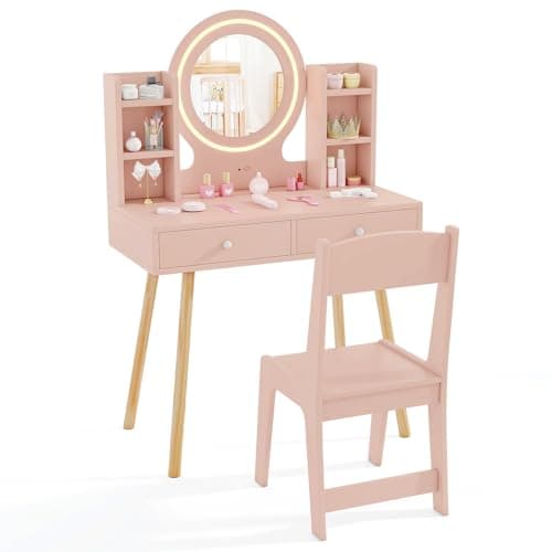 Image of COSTWAY Kids Dressing Table, Girls Vanity Set with Stool, 2-Color LED Lights Mirror, Drawers, Storage Shelves, Make Up Pretend Dresser Desk Chair Set (Dusty Pink)