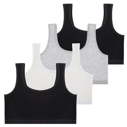 Image of Lancry 4PCS Soft Cotton Crop Tops for Girls Age 7-12, Unpadded Wireless Sports Bra Training Bras for Kids Teens (UK, One Size, Regular, S, Black+Black+White+Grey)