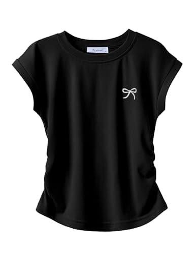 Image of Arshiner Girls T-Shirts Ruched Waist Top Summer Butterfly Print Solid Colour Round Neck Short Sleeve Tops Shirts Casual Summer Tees Black 160 11-12 Years