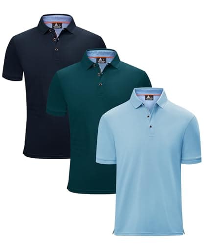 Image of ZITY 3 Pack Mens Polo Shirts Short Sleeve, Lightweight Breathable Golf Collar Button-Down Mens Work Polo Shirts Sports Tennis T Shirts Navy+Sky Blue+Dark Teal Blue L