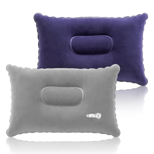 Image of SMCEHEYA 2-in-1 Inflatable Pillows 32x22cm Travel Pillow, Soft Flocked Surface for Sunbathing, Neck & Lumbar Support, Hiking (Blue&Gray)