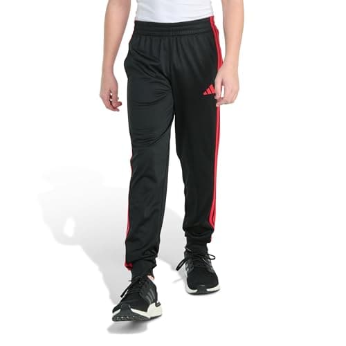 Image of adidas Boys' Tricot 3-Stripe Jogger, Black with Red, 10-12