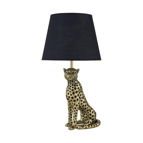 Image of firstchoicelighting Gold Cheetah Table Lamp or Bedside Light with Black Fabric Shade, Resin Base, Height 47cm, LED Compatible