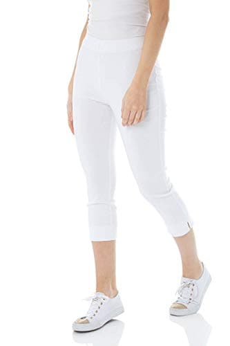 Image of Roman Cropped Trousers for Women UK Ladies Capri Leggings Summer Pants Short Crop Stretch 3/4 Length Three Quarter Pedal Pusher Clothes Elasticated Bengaline Cut Off - White - Size 12