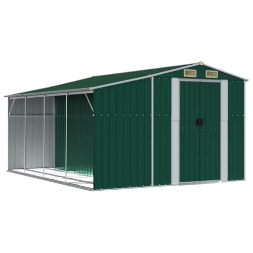 Image of "vidaXL Garden Shed - Galvanised Steel Outdoor Storage with Firewood Stand, Ventilation System, Door Handles - Green"