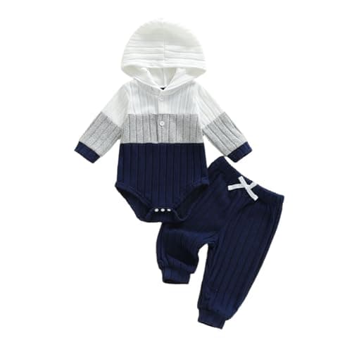 Image of Carolilly Infant Baby Boys Contrast Color Outfits Newborn Baby Boys Long Sleeve Plush Hood Romper + Solid Color Elastic Waist Pants 2 PcsToddler Clothes Set (Blue, 0-3 Months)