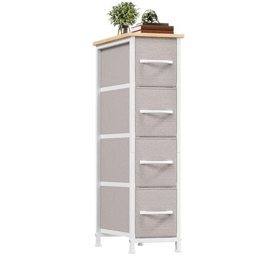 Image of Somdot Slim Chest of Drawers with 4 Fabric Drawers, Narrow Dresser Storage Organiser for Bedroom Living Room Bathroom Closet Nursery Entryway Hallway, Ash Grey
