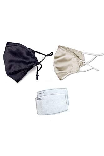 Image of Jeelow 2 Packs 100% Silk Cloth Face Mask Covering Reusable Washable With Nose Wire Filter Pocket Includes Filters (Black+Champagne)