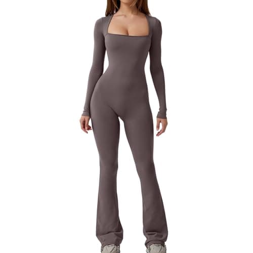 Image of Geagodelia Women's Bodycon Sexy Ribbed Jumpsuit One-Piece Ladies Long Sleeve Romper Overall Yoga Workout Halloween Outfit Clothes Clubwear (E - Grey, S)