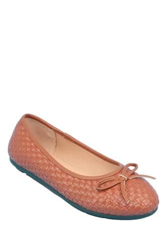 Image of Chums Ladies Dr Lightfoot Wide Fit Basket Weave Ballerina Pumps (EE Fit) Slip On Comfort Shoe with Bow Detail & Padded Insole Tan 3