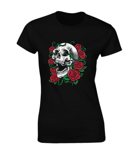 Image of Crown Designs Skull and Roses Cool Premium Quality Fitted T-Shirt Top for Women and Teens - Black / 14-16