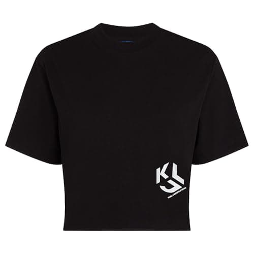 Image of KARL LAGERFELD JEANS, Women's, Regular Short Sleeve Cropped Monogram Tee, Regular Fit, Black, XS