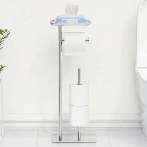 Image of Toilet Roll Holder Free-Standing with Top Shelf, Holds 4 Rolls, Stainless Steel Bathroom Toilet Paper Dispenser