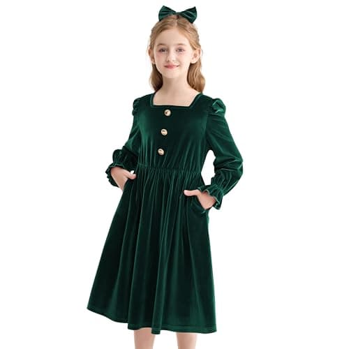 Image of Rolanko Girls Velvet Dress with Pockets Puff Long Sleeve A Line Winter Maxi Swing Dress with Bow Hair Tie for Christmas Birthday Party, Green, Size: 8-9 Years/140