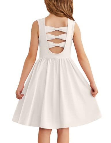 Image of Arshiner Girls Dresses Sleeveless Kids Back Bow Tie Summer Cotton Dress Elegant Casual Dress Festive Round Neck Dress for Girls 7-8 Years White