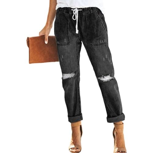 Image of Womens Casual Straight Leg Jeans Distressed Stretch Denim Pants Elastic Drawstring Waist Y2K Black XX-Large