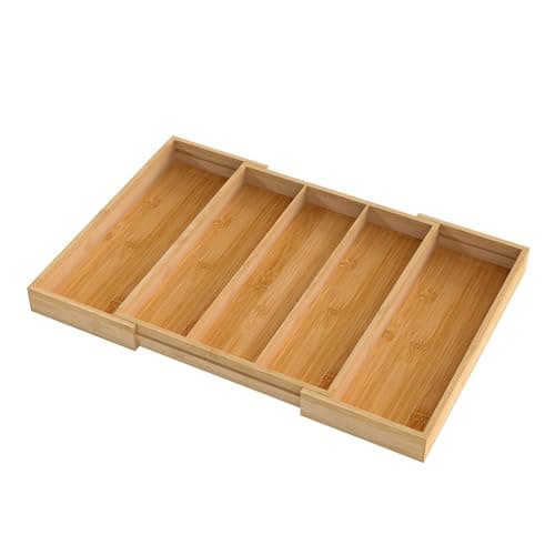 Image of TOQUE Bamboo Expandable Cutlery Drawer Organiser, Adjustable Utensil Tray 5 Compartments, Natural Wooden Kitchen Drawer Storage for Silverware, Knives & Cooking Tools, 33–57cm