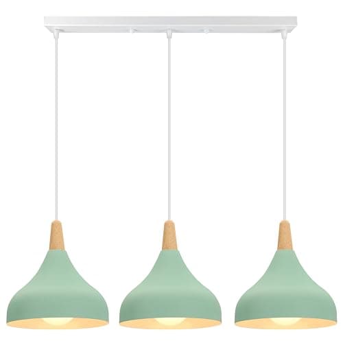 Image of iDEGU 3 Retro E27 Pendant Light Modern Style Drop Hat Ceiling Light Metal Wood Ceiling Lamp for Dining Room Living Room Kitchen Diameter 20 cm (Green, Bar)