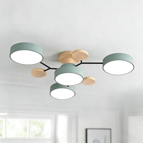 Image of Ceiling Light, Modern Semi Flush Mount Ceiling Light, Nordic Wood Chandelier with Circular Acrylic LED Shade for Living Room, Bedroom, Dining Room Requires Assembly (Green, 4 Heads, White Light)