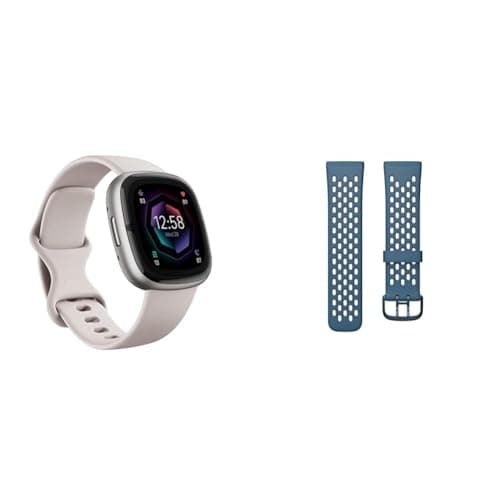 Image of Fitbit Sense 2 Health and Fitness Smartwatch with built-in GPS,advanced features & Versa 3/Sense Sport Band Accessory, Sapphire/Fog Grey, Large