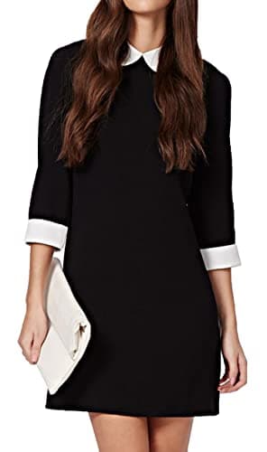 Image of Futura London Womens Black Monochrome Peter Pan Contrast Collar& Cuff 3/4 Sleeve Casual Club Halloween Cocktail Mini Dress (UK 8)