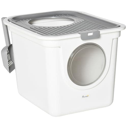 Image of PawHut Cat Litter Box Pet Toilet Enclosed Kitten Pan w/ Front Entrance Top exit Scoop, White