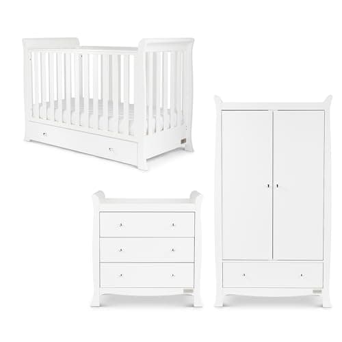 Image of Ickle Bubba Snowdon Mini 3pc Nursery Furniture Set with Premium Sprung Mattress – 4-in-1 Sleigh Cot Bed (Fits 120x60cm Mattress) with Under Drawer Storage, Changing Unit & Wardrobe