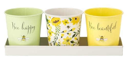 Image of Maison & White M&W Bee Happy Set of 3 Indoor Plant Pots with Tray – Decorative Planter Set, Bee Beautiful Floral Design, Yellow & Green Garden Pots for Herbs, Succulents & Small Plants