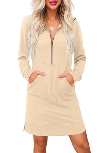 Image of PrinStory Jumper Dress for Women UK Long Sleeve Half Zip V Neck Sweatshirt Dress with Side Pockets Casual Polo Jumper Sweatshirt (Beige, L)