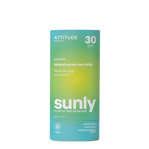Image of ATTITUDE Mineral Sunscreen Stick with Zinc Oxide, SPF 30, EWG Verified, Plastic-Free, Broad Spectrum UVA/UVB Protection, Dermatologically Tested, Vegan, Unscented, 60 g