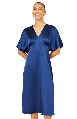 Image of Yumi Navy Satin Midi Kimono Dress (UK, Numeric, 18, Regular, Regular, Navy)