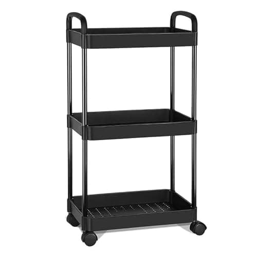 Image of 3 Tier Storage Trolley Cart on Wheels, Slim Rolling Utility Cart with Handle, Mobile Storage Shelving Organizer for Kitchen, Bathroom, Laundry Room, Bedroom, Narrow Places, Plastic (Black)