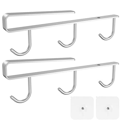 Image of 2PCS Mug Holder Under Shelf with 3 Hooks Under-Cabinet Hanger Rack Stainless Steel Cupboard Shelf Organiser Multi-Function Coffee Mug Organizer Tea Cup Display Hooks for Kitchen(Silver)