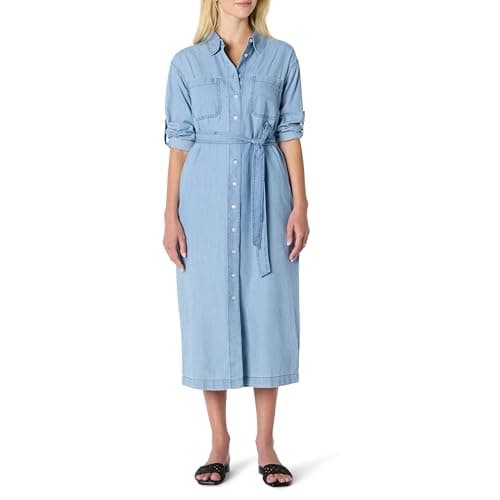 Image of Amazon Essentials Women's Regular-Fit Denim Chambray Long-Sleeve Button-Up Midi Dress, Iced Blue Light Wash, XX-Large